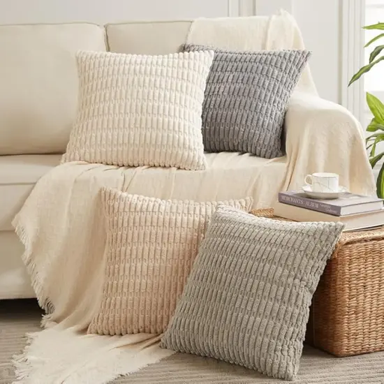 4 Packs Neutral Decorative Throw Pillow Covers 18x18 Inch for Living Room Couch Bed Sofa, Rustic Farmhouse Boho Home Decor, Soft Plush Striped Corduroy Square Cushion Case 45x45 cm {1}