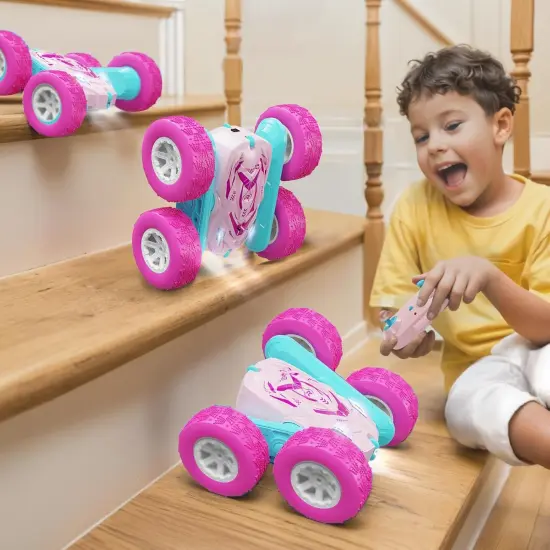Remote Control Car for Girls, RC Cars with Headlights Double-Sided Driving 360&deg; Flips Rotating for Kids Ages 4-7 8-12 Year Old, RC Stunt Car Toys for Boys and Girls Birthday Gift Pink {4}