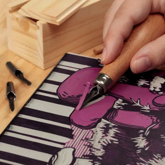 Creative Mark Linoleum Carving Tools Set with Ergonomic Beechwood Handle, 5 Tempered Steel Blades, Block Printing Linocut Tools for Soft Linoleum or Pine, Wooden Storage Box Included {4}