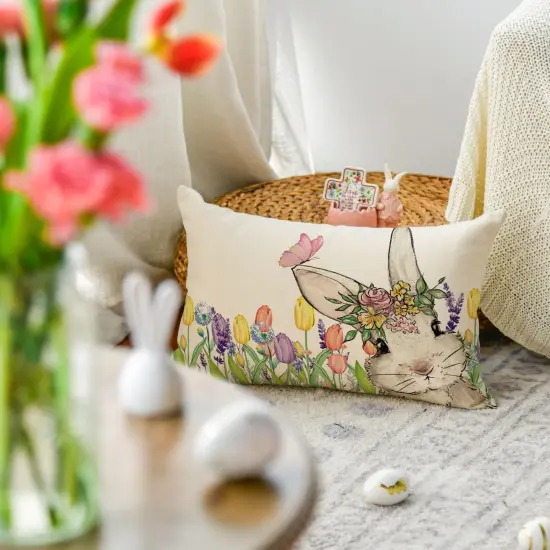 Easter Bunny Throw Pillow Cover – 12x20" Spring Rabbit Cushion Case Pink {3}