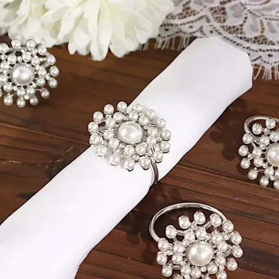 4 Silver White Round Metal Dinner NAPKIN RINGS Faux Pearls Rhinestones Party {2}