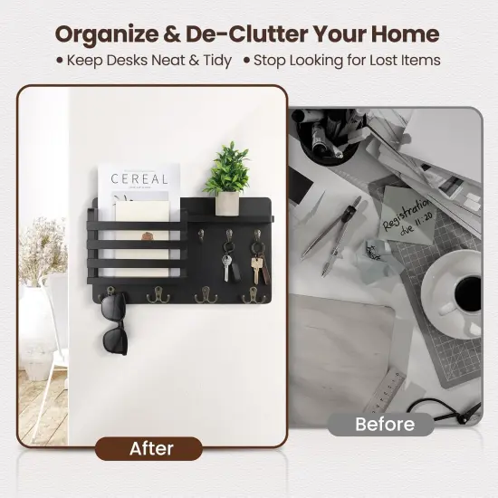 Mail Holder for Wall Mail Organizer with Key Hooks Hallway Farmhouse Decor Letter Sorter Made of Natural Wood with Floating Shelf and Flush Mount Hardware (16.8Inch x 10Inch x 3.2Inch) {2}