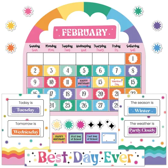 Happily Ever Elementary Retro Remix 107-Piece Calendar Bulletin Board Set, Undated With Monthly Headers, Cover Ups, Weather, Days of Week Chart, Cards, and More Classroom Decor {1}