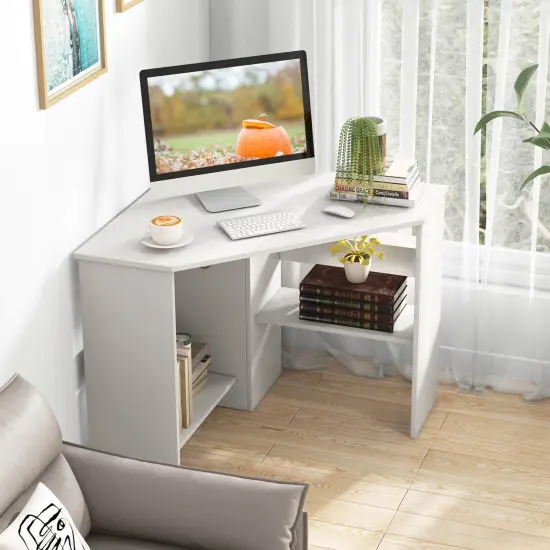 Costway Corner Computer Desk Triangle Writing Workstation w/ Storage Shelf White\Black {2}