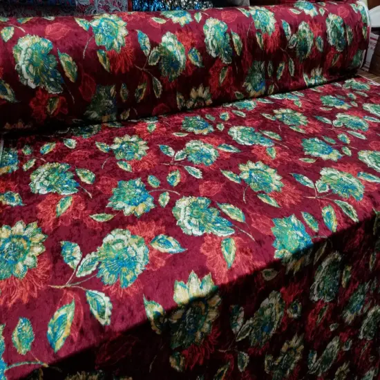 1 Yard Blue Rust Crushed Floral Stretch Velvet Fabric for Dresses Upholstery Curtains 60 Inch Width {1}