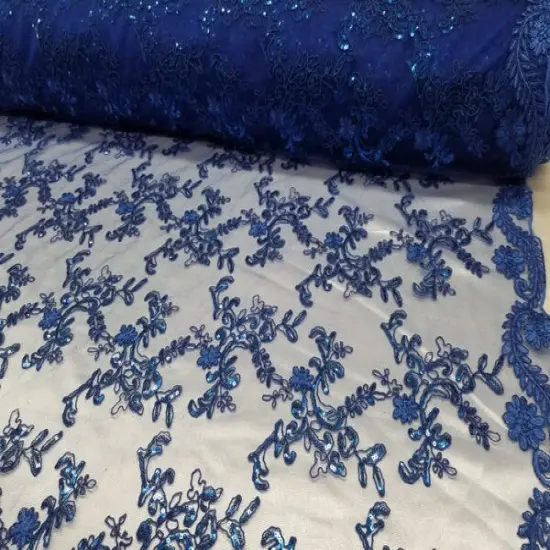 1 Yard Royal Blue Metallic Flowers Sequins Mesh Lace Fabric for Tablecloths and Costumes {1}