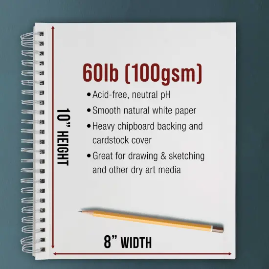 8"x10" Sketch Book Pad, 2 Pack (100 Sheets Each), 60lb (100gsm) Spiral Bound - Sketching, Drawing Pad, Acid-Free Paper - Sketch Pads For Adults, Students: Colored Pencils, Charcoal {3}