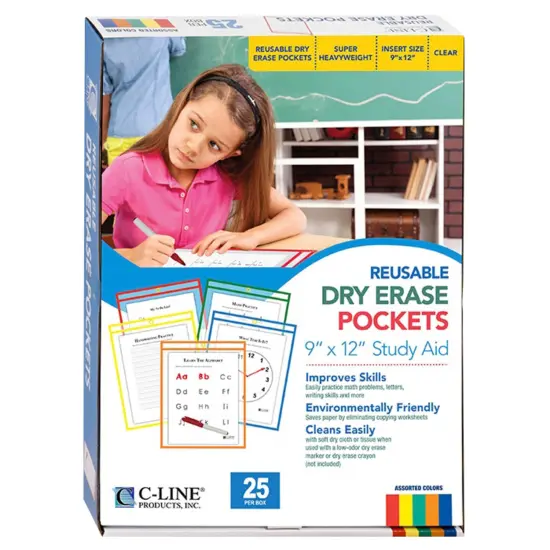 C-Line Dry Erase Reusable Pockets, Assorted Colors, 9 x 12 Inches, Pack of 25 {1}