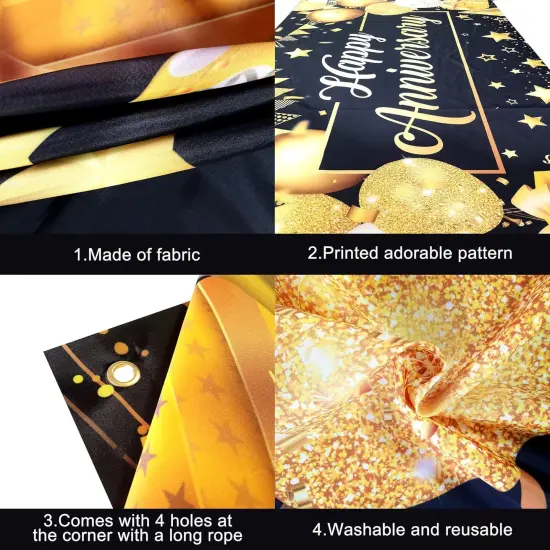 Extra Large Black & Gold Happy Anniversary Banner - 72x44 Inch Backdrop {3}