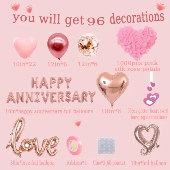 Anniversary Decorations &ndash; Pink Banner, Heart Balloons, Hanging Hearts & Rose Petals {3}