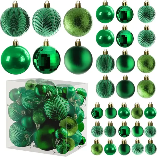 36-Piece Green Christmas Ornaments Set - Shatterproof Christmas Tree Balls - 6 Styles, 3 Sizes with Hanging Loops to Decorate Christmas Tree - Ideal for Indoor and Outdoor Holiday Decor {5}
