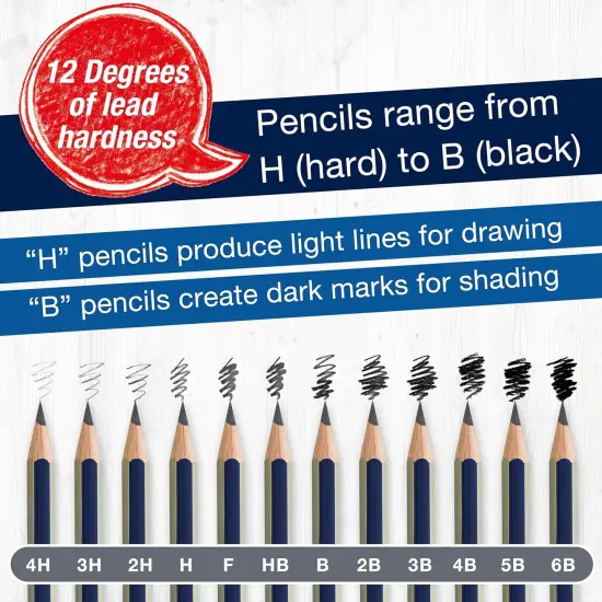Graphite Pencils Drawing Set: 12 Art Pencils for Sketching (4H, 3H, 2H, H, F, HB, B, 2B, 3B, 4B, 5B, and 6B), Shading Kit {5}