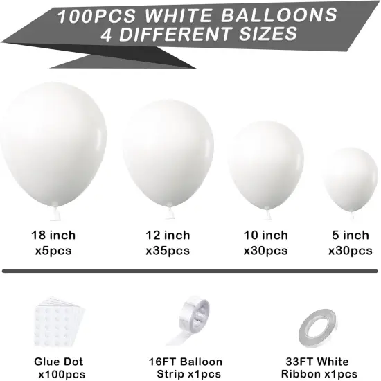 White Balloons Garland Arch Kit, 100PCS 18In 12In 10In 5In White Balloons Different Sizes for Birthday Weddings Valentine's Day Graduation White Themed Party Decorationsarty Decorations {4}