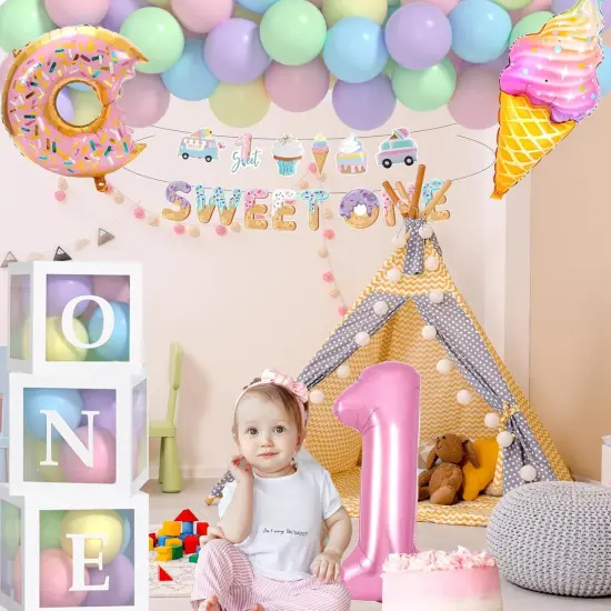 Sweet One Birthday Party Decorations, First Birthday Decorations For Girl With Pastel Balloons, 40inch Pink 1 Balloon, Sweet One Banner,O-N-E Box And Ice Cream Donuts Balloons for Party {5}
