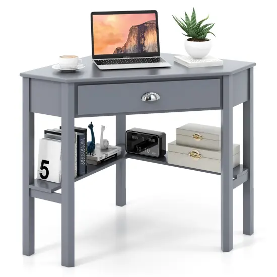 Wooden Corner Computer Desk with Big Storage Drawer and Two Open Shelves Grey {6}
