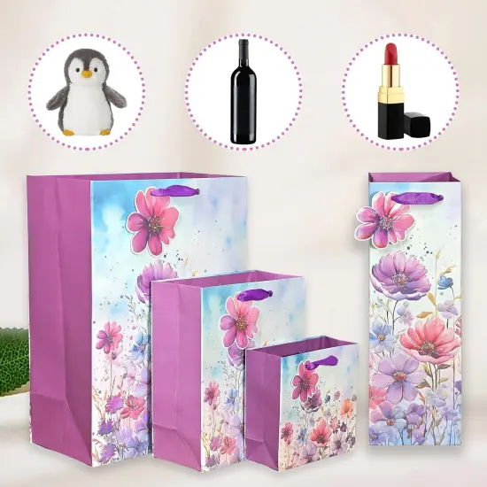 6 Pack Purple Flowers Pattern Embossed Paper Gift Bag with Handles, Assorted Paper Bags with 8 Pcs Tissue Paper for Girls/Women Baby Shower {1}