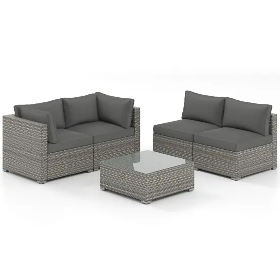 5-Piece Outdoor Patio Furniture Set Including Coffee Table and 4 Rattan Chairs with Cushions Gray {7}