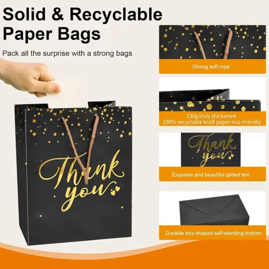 20 Pcs Black and Gold Gift Bags with Handles - Medium Size Thank You Bags Bulk for Weddings {3}