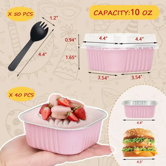10oz Mini Cake Pans With Lids 40 Pack,LNYZQUS Aluminum Foil Square Brownie Baking Cups,Disposable 4&rdquo;x4&rdquo; Large Cupcake Pan,Jumbo Muffin Tin Ramekins Holders-Pink {3}