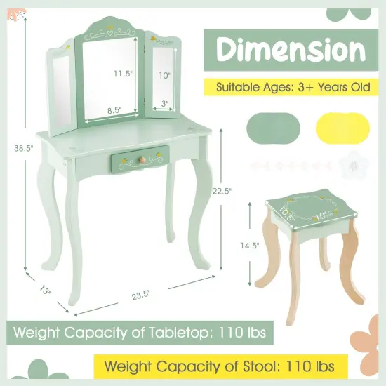 MDF Kids Vanity Set with Mirror, Drawer, Stool, Accessories and Convertible Design Green {6}