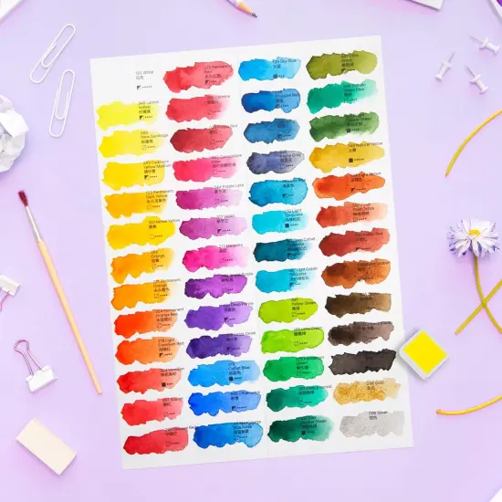 Watercolor Paint Set 52 Colors in Half Pans with Drawing Pencil, Paint Brushes, 5 Watercolor Paper, Sponge, Black Drawing Pens, Art Supplies for Adults Travel Watercolor & Purple Box {4}