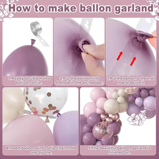 173Pcs Dusty Purple Balloon Arch Garland Kit, Double-stuffed Pink White Sand Lavender Lilac Light Purple Rose Gold Confetti Balloons for Baby Bridal Shower Wedding Birthday Party Decorations {4}