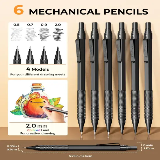 30Pcs Metal Mechanical Pencil Set with Leather Case, 0.5/0.7/0.9/2.0mm Art Drafting Pencils, 16 Tubes Graphite Leads (6B 4B 2B HB 2H 4H) with Colored Leads for Sketching Drawing Writing(Black) {3}