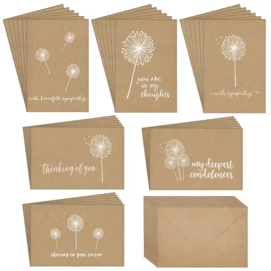 36 Pack Sympathy Cards Bulk with Envelopes - Kraft Paper Condolence Cards for Bereavement, Thinking of You - White Dandelion Design, Blank Inside (4x6 In) Brown {1}