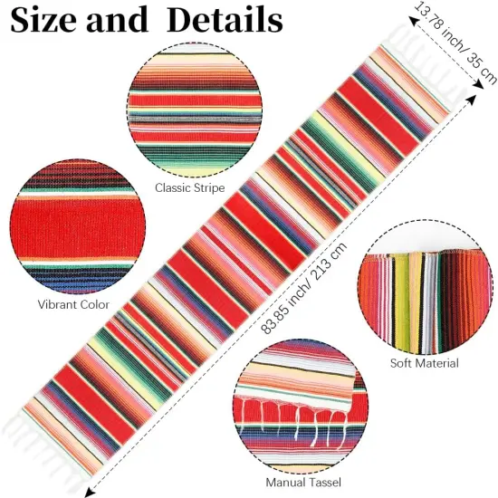 Mexican Table Runner, 14 X 84 Inches Cinco De Mayo Table Runner, Rainbow Boho Mexican Serape Table Runners, Fringe Cotton Table Runners for Mexican Fiesta Cinco De Mayo Birthday Party Decorations Red {3}