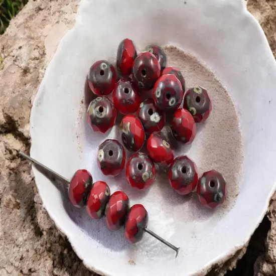*25* 6x8mm Opaque Lipstick Red Picasso Firepolished Rondelle Beads {1}