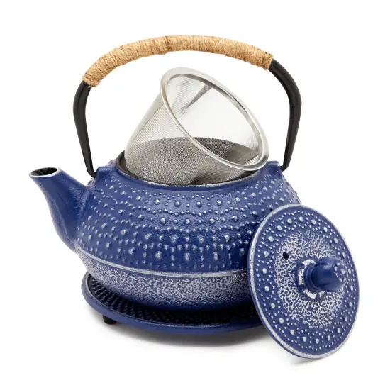 Cast Iron Teapot with Infuser - Japanese Tea Kettle, Loose Leaf Tetsubin with Handle and Trivet (Blue, 3 Pcs, holds 27 oz, 800 ml) {1}
