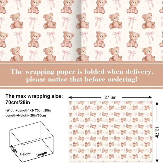 6 Sheets Bear Wrapping Paper - Not Roll - Pink Brown Ribbon Bow Gift Wrap Paper Folded Flat for Birthday Baby Shower DIY Crafts, 19.7 x 27.6 Inch {2}
