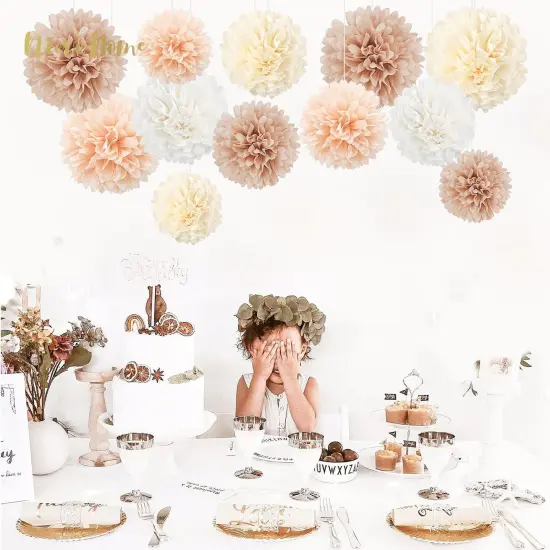 Wedding Decorations, 12 PCS Ivory Champagne Tissue Paper Pom Poms, Creamy White Paper Flowers for Bridal Showers, Engagement Receptions, Bachelorette, Birthday, Boho Party Supplies {4}