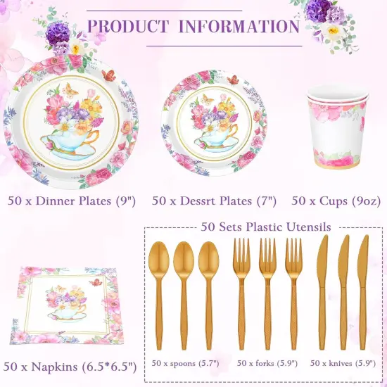 350 Pcs Tea Party Supplies Summer Tea Party Tableware Set Disposable Plates Napkins Paper Cups Plastic Cutlery Set {2}