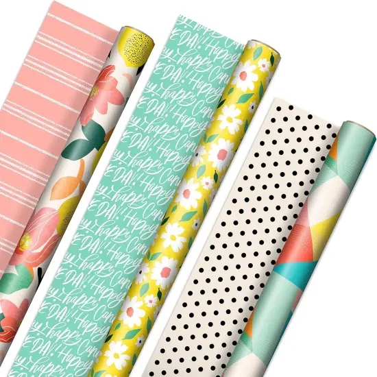 Reversible Spring Wrapping Paper (3 Rolls: 75 Sq. Ft. Ttl) Floral, Lemons, Bright Abstract for Easter, Birthdays, Mother's Day, Bridal Showers, Baby Showers {1}