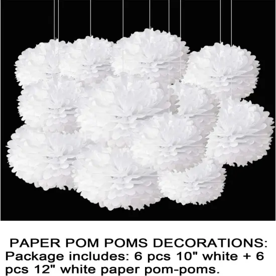 12pcs White Paper Pom Poms Decorations for Party Ceiling Wall Hanging Tissue Flowers Decorations - 1 Color of 12 Inch, 10 Inch {2}