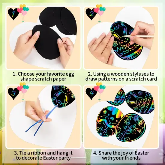 48 Pieces Easter Scratch Art Paper, Easter Egg Rainbow Magic Scratch Crafts Ornaments with Wooden Stick and Ribbon for Kids Easter Party Favor Decorations {2}