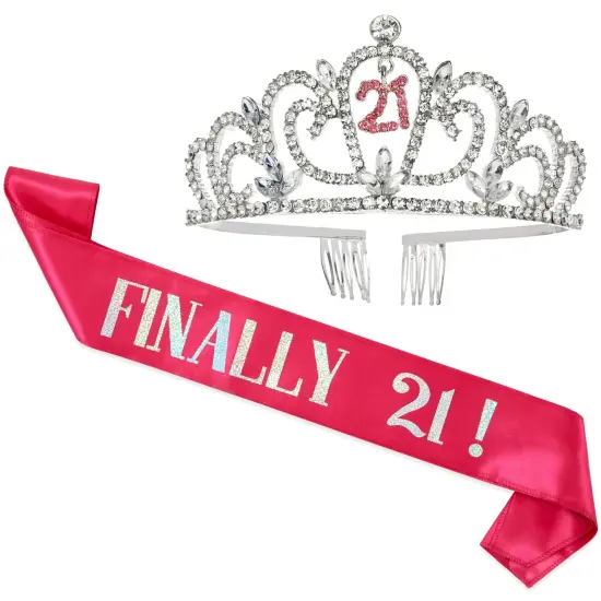 21st Birthday Sash and Crown Set for Her, Finally 21 Hot Pink Reflective Sash, Rhinestone Tiara {1}