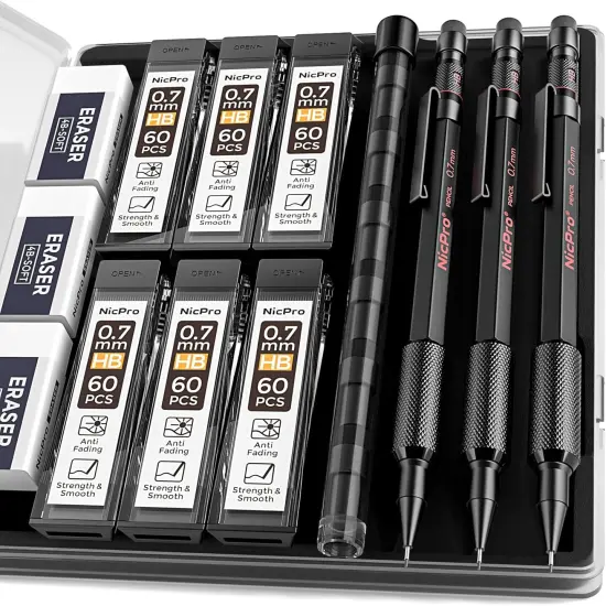 Mechanical Pencil Set with Case, 3PCS MP2000 Metal Artist Mechanical Pencil With 6 Tube HB Lead Refills, Eraser, Weatherproof Barrel for Outdoor Writing Drafting Drawing Sketching {1}