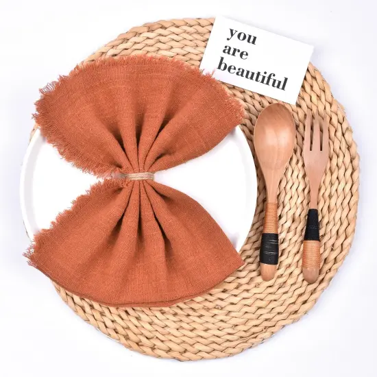 Terracotta 6 Pack Handmade Cloth Napkins Cotton Linen Easter Spring Napkins with Fringe Rustic Bulk Dinner Napkins {3}