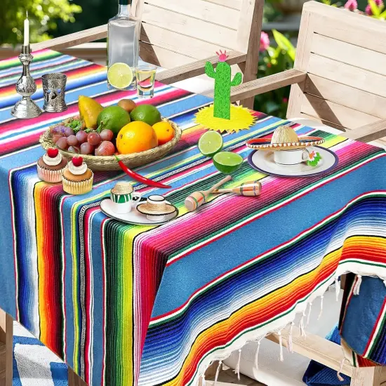 59 x 84 Inch Mexican Tablecloth Serape Blanket for Mexican Party Wedding Decorations, Large Square Cotton Fringe Table Cloth Colorful Mexican Blanket Outdoor Fiesta Table Cover Picnic (Blue) {3}