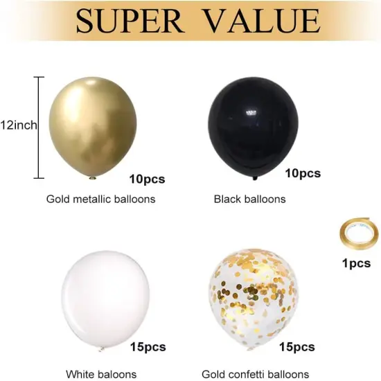 Black and Gold Confetti Balloons, 50 Pack 12inch White Latex Party Balloon Set with Gold Ribbon for New Year Graduation Birthday Baby Shower Decorations {2}