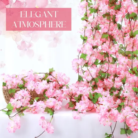 12 Pcs Artificial Cherry Blossom Flower Vines Bulk Faux Cherry Hanging Garland Pink Flower Vines Silk Pink Flowers Garland with Green Leaves for Party Decor (Totally 92.5 Feet) {3}