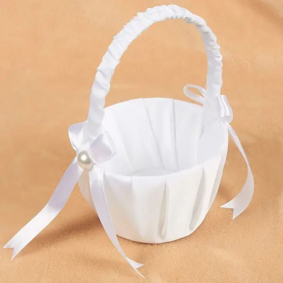 White Flower Girl Basket with Satin Bowknot & Pearl Design 8 x 5.2 x 6 Inch, Flower Petal Basket Ideal for Wedding Party, Elegant Ceremony Accessories, For Ages 3-4 {3}