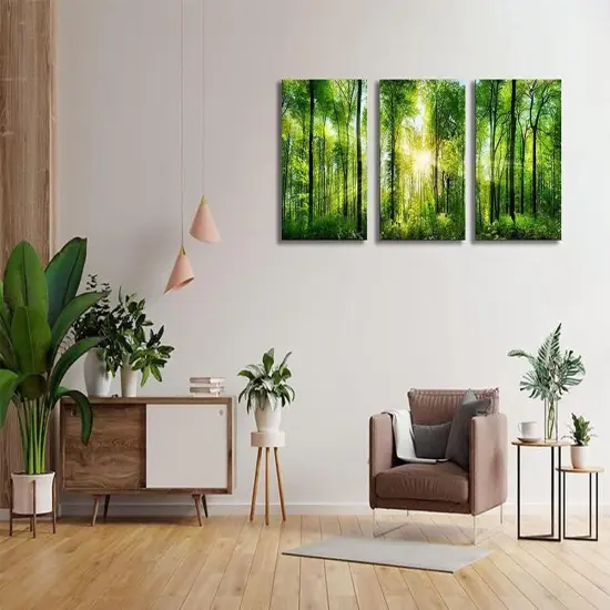 Summer Green Forest Canvas Wall Decor 12x16 inches, Home Decor with Natural Light Elements, Minimalist Canvas Print for Living Room, Bedroom, or Hallway -3 Panels Sunrise Landscape Modern Nature Art {2}
