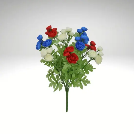16" Artificial Red White Blue Mini Ranunculus Bush &ndash; Faux Floral Bouquet 84055-RDWTBL {2}