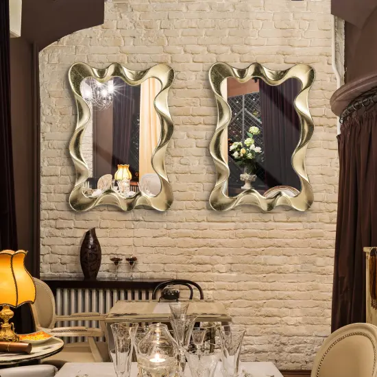 Set of 2 34.25"H Modern Gold Foil Metal Frame Wavy Wall Mirror {2}