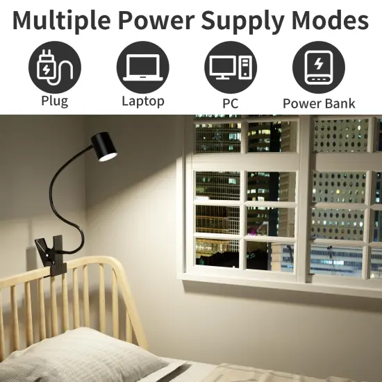 Arts Desk Lamp,USB Clip On Light,3 Color Modes,10 Brightness Levels,360&deg; Gooseneck LED Reading Light,Eye-Care for Home Office,Headboards, Black {4}