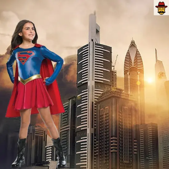 Supergirl Child Costume Girls Metallic Dress Removable Cape Golden Belt {1}