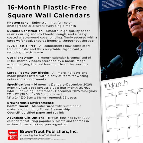 President Barack Obama | 2026 12 x 24 Inch (Hanging) Monthly Square Wall Calendar | Plastic-Free {6}